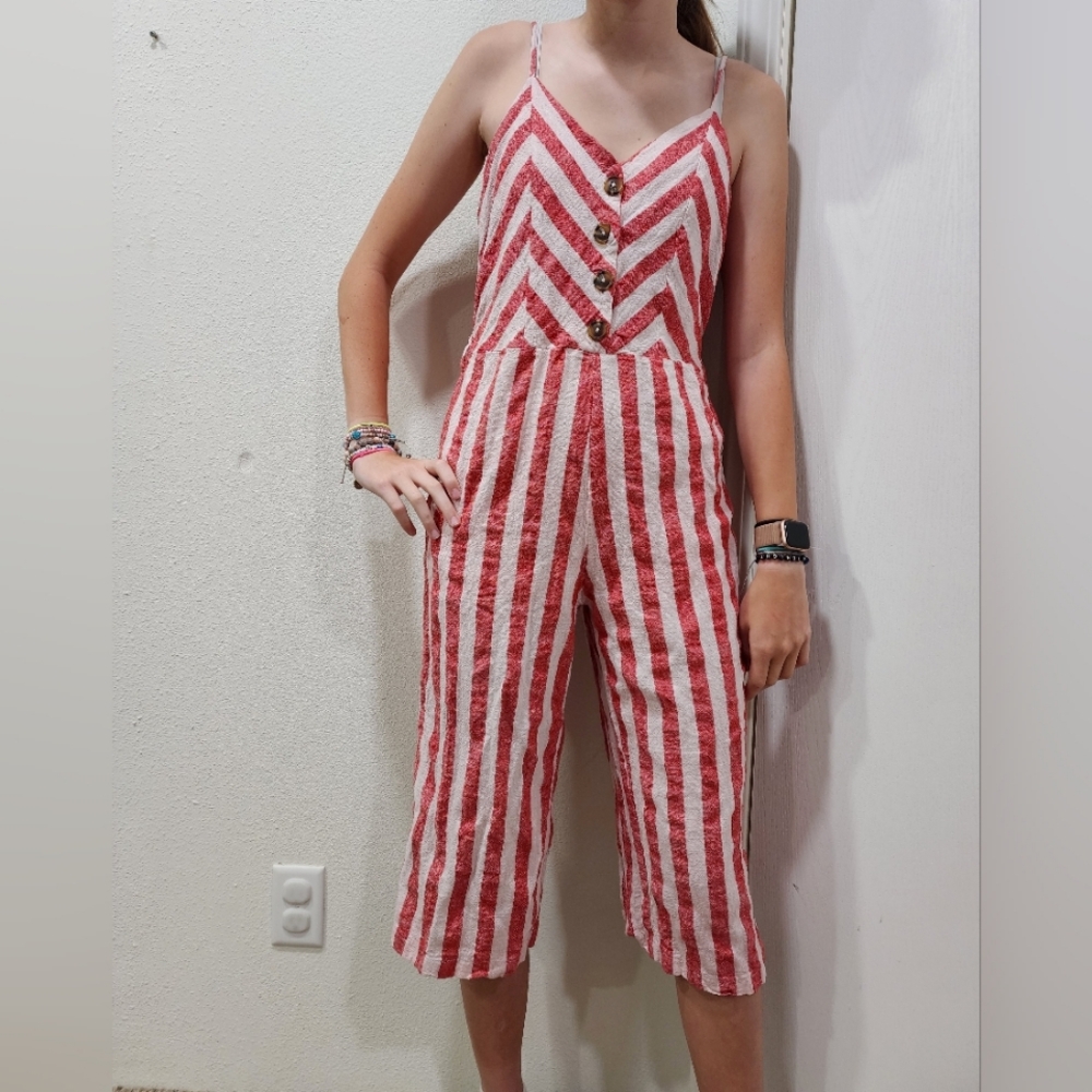 KENSIE JEANS - PEACH + WHITE STRIPED LINEN ROMPER